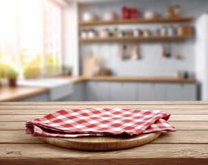 Fototapete - Wooden table with red and white checkered tablecloth on blurred kitchen background, ideal for product placement