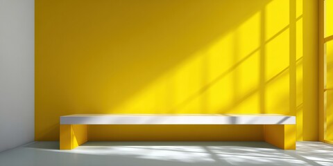 Aufkleber - Sunlight streaming through a window, casting shadows on a yellow wall and illuminating a white platform in a minimal, abstract setting, ideal for product presentations