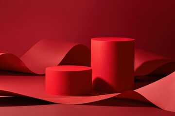 Aufkleber - Two red cylindrical podiums standing on a red background with wavy paper creating a minimalist and geometric composition