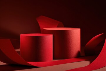 Poster - Two empty red cylindrical podiums with red ribbons creating a sophisticated and elegant backdrop for product displays
