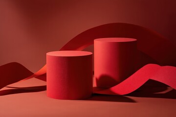 Poster - Two red cylindrical podiums stand on a red surface, with a curved red paper backdrop casting soft shadows, creating a minimalist yet striking visual