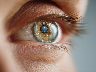 Leinwandbilder - Augmented reality close-up of human eye with digital data grid projection and glowing biometric displays for cybersecurity and tech innovation marketing