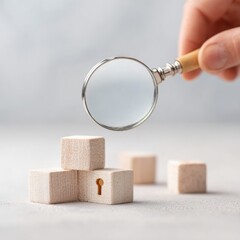 Aufkleber - Innovative Business Strategy Concept with Hand Holding Magnifying Glass over Wooden Cubes with Key Icon on Minimalist Desk
