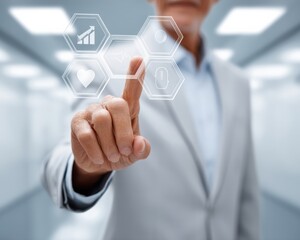 Poster - Modern business professional interacting with hexagonal annuity infographic on transparent display in office, symbolizing structured retirement financial security