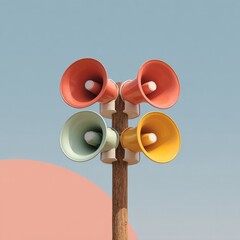 Poster - Vibrant Emergency Alert Siren Horns Mounted on Wooden Pole with Clear Sky for Rural Safety and Modern Community Warning Systems