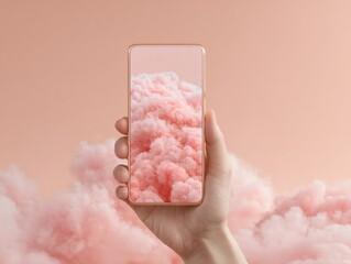 Poster - Modern smartphone with surreal pink cloud screen in hand, showcasing dreamy digital art and futuristic mobile tech in minimalist pastel setting