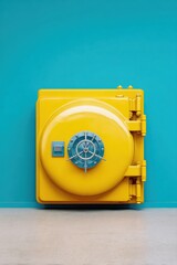 Aufkleber - Bold Steel Bank Vault Door in Vibrant Yellow and Blue with Circular Locking Mechanism Symbolizing Ultimate Financial Security and Modern Commercial Protection