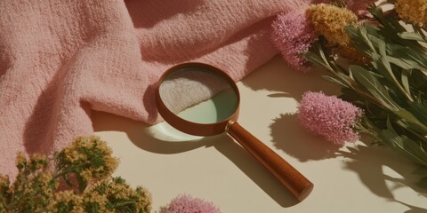 Aufkleber - Recovery Phrase Magnifying Glass with Wooden Handle on Textured Surface for AI Language Processing and Semantic Analysis - Modern Tech Visualization