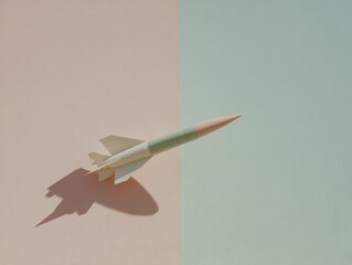 Aufkleber - Modern missile defense system with detailed warhead and fins on minimalist split pastel background symbolizing strategic military power and threat deterrence