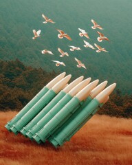 Aufkleber - Coordinated Missile Defense Launchers Aimed Skyward at Sunset with Birds Flying, Symbolizing Strategic Protection and Advanced Global Security Systems