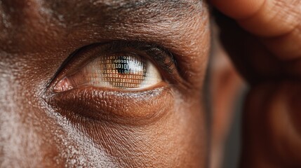 Leinwandbilder - Inclusive human eye close-up with binary code overlay symbolizing AI ethics and human oversight in digital innovation for responsible technology