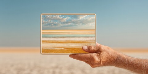 Poster - Senior hands holding tablet with 360-degree virtual tour interface showing coastal home interior, digital real estate technology for remote property exploration