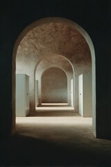 Poster - Minimalist Industrial Archway Corridor with Soft Natural Light and White Cabinets in Contemporary Architectural Space Featuring Earthy Textures