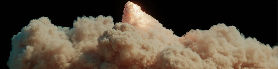 Poster - High-detail rocket model in dynamic launch with realistic smoke plumes on black background aerospace technology and engineering visualization for innovation branding