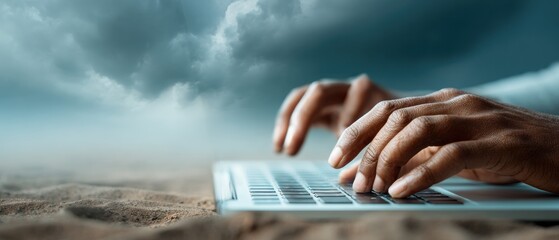 Poster - Futuristic Digital Chatbot Assistant Floating Above Laptop Keyboard with User Typing for AI-Powered Business Growth and Digital Transformation Campaign