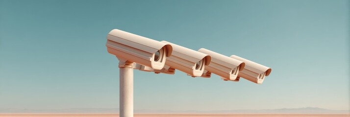 Leinwandbilder - Modern Surveillance Cameras on Weathered Pole with Protective Shields Against Sky - Security Systems and Public Safety Monitoring for Smart Cities
