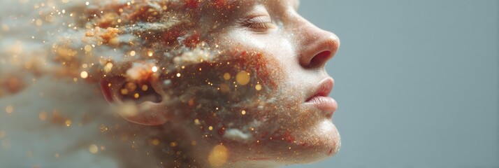 Poster - Futuristic Woman Profile with Holographic Data Streams and Digital Interface Elements Symbolizing Human Augmentation in Corporate Tech Advertising