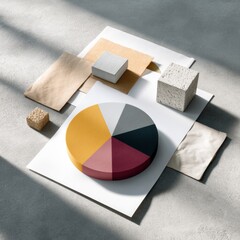 Poster - Minimalist Asset Allocation Pie Chart with Textured Geometric Blocks and Financial Documents Illustrating Strategic Portfolio Diversification for Wealth Management