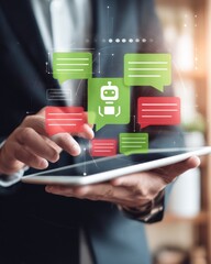 Fototapete - AI Voice Chatbot Interface on Tablet in Business Setting with Digital Message Bubbles and Robot Avatar Representing Smart Automation and Customer Service Innovation