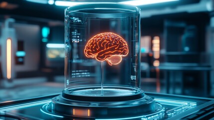 Wall Mural - futuristic laboratory interior featuring a glowing human brain model suspended in a transparent glas