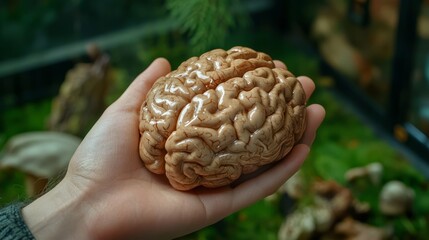 Wall Mural - hand holding a glowing human brain representing futuristic concept of intelligence, neuroscience, an