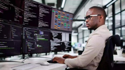 Wall Mural - man coding web software in office with mutliple monitors