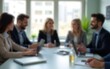 © zhao - blurred photo of business people sitting around the table in an office, captured from behind and in focus, symbolizing collaboration within  company or between different quaint style icons.