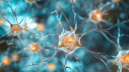 Poster - microscopic view of glowing nerve cells on dark blue background featuring detailed neurons and synap