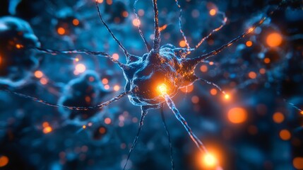 Poster - microscopic view of neuron cells forming a neural network illustrating brain signal transmission, hu