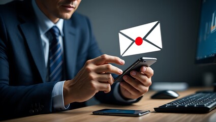 Businessman checks urgent email notification on his smartphone