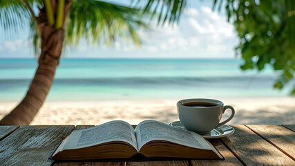 Wall Mural - Enjoying a relaxing afternoon reading a book by the beach with a cup of coffee, reading book concept with A cup of coffee beside opened book with beach view