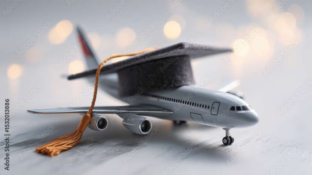 Graduation cap placed on an airplane model with online training icon in ...