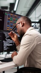 Wall Mural - unhappy sad developer programmer man in stress coding software