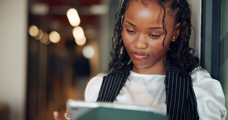 Poster - Business, tablet and black woman in office, typing and research for economy news. African person, employee and financial advisor digital tech, bokeh or answer email with online schedule, space or app