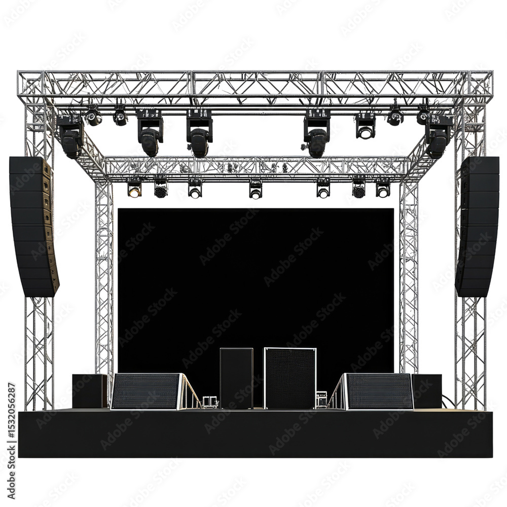A large outdoor stage with a sound system and lighting trusses ...