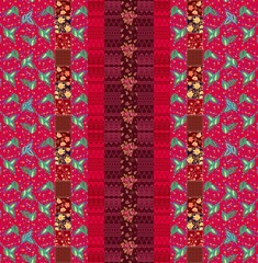 Wall Mural - Beautiful colorful seamless patchwork pattern of bright vertical stripes with flowers, leaves and paisley in red and chocolate tones. Boho print for fabric.