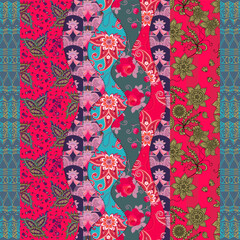 Wall Mural - Vintage seamless patchwork pattern with roses, paisley, leaves and abstract ornaments. Beautiful bright boho print for fabric.