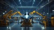 © mOuntase graphic - Modern jet fighter assembly in a large hangar.  Robots and workers collaborate to build the aircraft