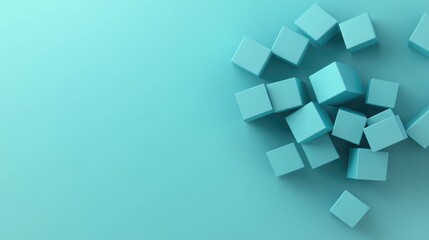 Three dimensional render of bunch of blue cubes floating against blue background