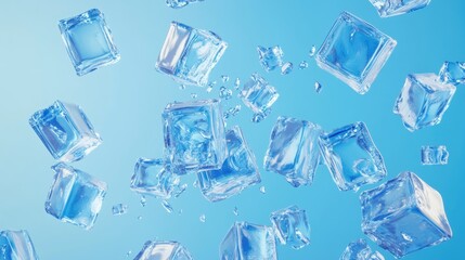 Three dimensional render of bunch of blue cubes floating against blue background