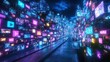 © mOuntase graphic - Digital media tunnel, vibrant screens, futuristic