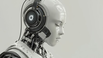 a futuristic humanoid robot wearing headphones, showcasing advanced cybernetic design with intricate