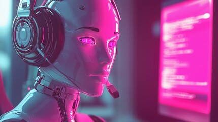 a futuristic humanoid robot with glowing eyes and headset interacts with a glowing pink digital inte