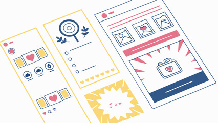 Three stylized app interface designs showcasing social media elements and user engagement features in a layout view