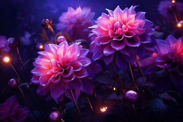 bright pink-purple flowers bloom at night under candlelight.