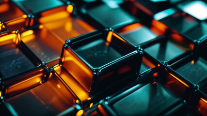 Wall Mural - Abstract background with mesmerizing grid of glossy square glass cubes blocks with shifting orange, red, and green colors and warm reflections. Loop animation, seamless footage.