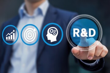 A hand touches a digital interface displaying research and development icons.