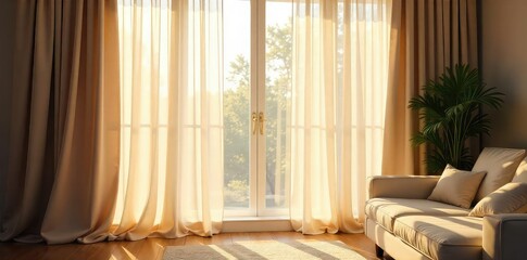 elegant sheer window curtains gently billowing in a sunlit room, creating a soft, diffused glow perf
