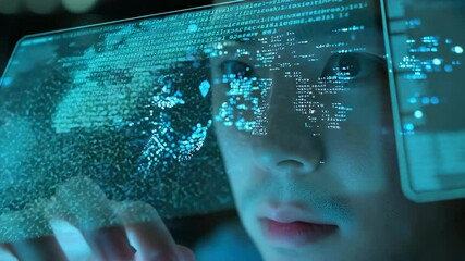 Fototapete - A person closely interacting with floating digital holographic data and futuristic blue lights.