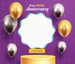 © Zeinous - Work anniversary podium clipart design. Happy work anniversary greeting clip art with stage,  platform, balloons elements and blank template in purple background vector illustration.
